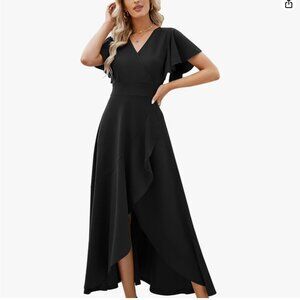 ZZV Split Elegant V Neck Wrap Ruffle Wedding Guest Dresses (Black, XL)